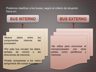 Podemos clasificar a los buses, según el criterio de situación
física en:
•Mueve datos entre los
componentes internos del
procesador.
•Por este bus circulan los datos,
señales de control o las
direcciones de memoria.
•Puede compararse a los vasos
sanguíneos del cuerpo humano.
•Se utiliza para comunicar el
microprocesador con otras
partes, como periféricos y
memoria.
 