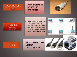 CONECTOR
DNI
• CONECTOR DE
CLAVIJAS
MULTIPLES
RED EN
BUS
• UNA TOPOLOGIA DE
LA RED DE AREA
LOCAL EN LA QUE
TODAS LOS NODOS
ESTAN CONECTADOS
A LA LINEA PRINCIPAL
USB
• BUS SERIE DE
ULTIMA
GENERACION
 