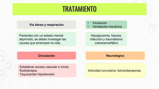 Vía Aérea y respiración
Pacientes con un estado mental
deprimido, se deben investigar las
causas que amenazan la vida.
Hipoglucemia, hipoxia,
infección y traumatismo
craneoencefálico
• Intubación
• Ventilación mecánica
Circulación
Establecer acceso vascular e iniciar
fluidoterapia.
Taquicardia/ hipertensión.
Neurológico
Actividad convulsiva: benzodiacepinas.
TRATAMIENTO
 