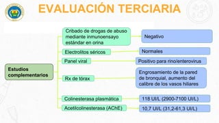 EVALUACIÓN TERCIARIA
Estudios
complementarios
Cribado de drogas de abuso
mediante inmunoensayo
estándar en orina
Electrolitos séricos
Negativo
Normales
Panel viral Positivo para rino/enterovirus
Rx de tórax
Engrosamiento de la pared
de bronquial, aumento del
calibre de los vasos hiliares
Colinesterasa plasmática 118 UI/L (2900-7100 UI/L)
Acetilcolinesterasa (AChE) 10,7 UI/L (31,2-61,3 UI/L)
 