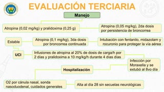 EVALUACIÓN TERCIARIA
Atropina (0,02 mg/kg) y pralidoxima (0,25 g)
Manejo
Atropina (0,05 mg/kg), 2da dosis
por persistencia de broncorrea
Intubación con fentanilo, midazolam y
rocuronio para proteger la vía aérea
Atropina (0,1 mg/kg), 3da dosis
por broncorrea continuada
Estable
UCI
Infusiones de atropina al 20% de dosis de carga/h por
2 días y pralidoxima a 10 mg/kg/h durante 4 días días
Infección por
Moraxella y se
extubó al 8vo día
Hospitalización
O2 por cánula nasal, sonda
nasoduodenal, cuidados generales
Alta al día 28 sin secuelas neurológicas
 