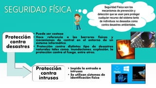 Seguridad Física son los
mecanismos de prevención y
detección que se usan para proteger
cualquier recurso del sistema tanto
de individuos no deseados como
contra desastres ambientales.
Protección
contra
desastres
• Puede ser costosa
• Hace referencia a las barreras físicas y
mecanismos de control en el entorno de un
sistema informático.
• Protección contra distintos tipo de desastres
naturales tales como: inundaciones, explosión, la
protección contra el fuego, entre otros.
Protección
contra
intrusos
• Impide la entrada a
intrusos
• Se utilizan sistemas de
identificación física
 