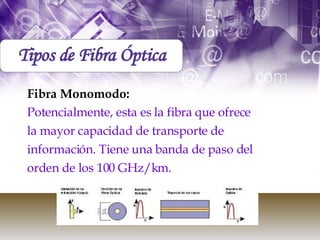 Fibra Monomodo: Potencialmente, esta es la fibra que ofrece la mayor capacidad de transporte de información. Tiene una banda de paso del orden de los 100 GHz/km.  Tipos de Fibra Óptica 