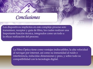 Conclusiones Los dispositivos implícitos en este complejo proceso son:  transmisor, receptor y guía de fibra, los cuales realizan una  Importante función técnica, integrados como un todo a la eficaz realización del proceso . La Fibra Óptica tiene como ventajas indiscutibles, la alta velocidad  al navegar por internet, así como su inmunidad al ruido e  interferencia, reducidas dimensiones y peso, y sobre todo su  compatibilidad con la tecnología digital. 