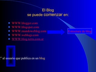El Blog se puede  comenzar  en: WWW.blogger.com WWW.blogspot.com WWW.mundoweblog.com WWW.weblogs.com WWW.blog.terra.com.ar Curiosidades : Se llama “ Blogger ” al usuario que publica en un  blog Estructura de blog 
