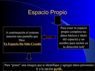 Espacio Propio Para crear tu espacio propio completa tus datos básicos ( titulo del espacio) y un nombre para incluir en tu dirección web crear A continuación el sistema muestra una pantalla que Dice  Tu Espacio Ha Sido Creado Para “poner” una imagen que te identifique y agregar datos personales Ir a la opción  perfil. 