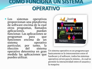 CÓMO FUNCIONA UN SISTEMA
OPERATIVO
 Los

sistemas
operativos
proporcionan una plataforma
de software encima de la cual
otros programas, llamados
aplicaciones,
puedan
funcionar. Las aplicaciones se
programan
para
que
funcionen encima de un
sistema
operativo
particular, por tanto, la
elección
del
sistema
operativo determina en gran
medida las aplicaciones que
puedes utilizar.

Un sistema operativo es un programa que
basicamente es la interconexion entre el
hardware y el software. todos los sistemas
operativos sirven para lo mismo....lo cual es
permitir la interactividad entre el usuario y
la maquina

 