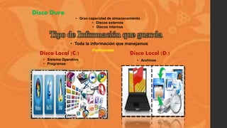 • Sistema Operativo
• Programas
• Gran capacidad de almacenamiento
• Discos externos
• Discos internos
Particionado
• Archivos
• Toda la información que manejamos
 