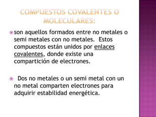 Compuestos Covalentes o Moleculares: son aquellos formados entre no metales o semi metales con no metales.  Estos compuestos están unidos por enlaces covalentes, donde existe una compartición de electrones.Dos no metales o un semi metal con un no metal comparten electrones para adquirir estabilidad energética.  