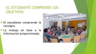 EL ESTUDIANTE COMPRENDE LOS
OBJETIVOS
 El estudiante comprende la
consigna.
 La trabaja en base a la
información proporcionada.
 