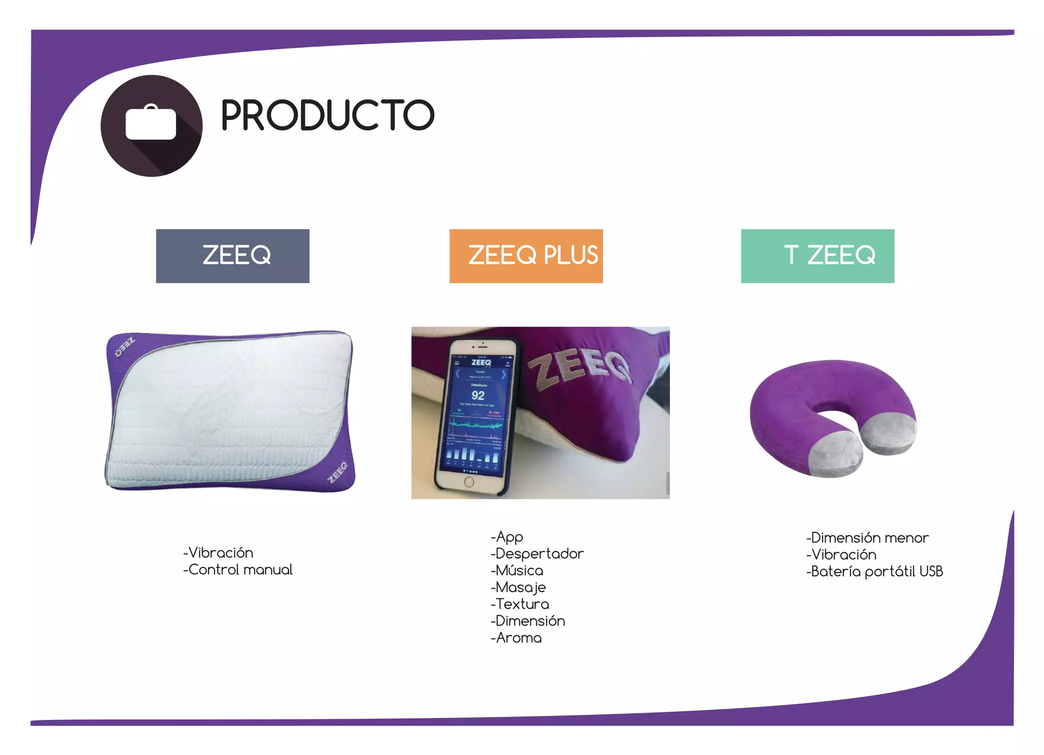 PRODUCTO
ZEEQ T ZEEQZEEQ PLUS
-App
-Despertador
-Música
-Masaje
-Textura
-Dimensión
-Aroma
-Dimensión menor
-Vibración
-Batería portátil USB
-Vibración
-Control manual
 