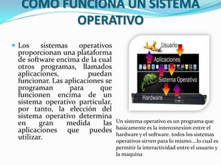 CÓMO FUNCIONA UN SISTEMA
OPERATIVO
 Los

sistemas
operativos
proporcionan una plataforma
de software encima de la cual
otros programas, llamados
aplicaciones,
puedan
funcionar. Las aplicaciones se
programan
para
que
funcionen encima de un
sistema operativo particular,
por tanto, la elección del
sistema operativo determina
en
gran
medida
las
aplicaciones que puedes
utilizar.

Un sistema operativo es un programa que
basicamente es la interconexion entre el
hardware y el software. todos los sistemas
operativos sirven para lo mismo....lo cual es
permitir la interactividad entre el usuario y
la maquina

 