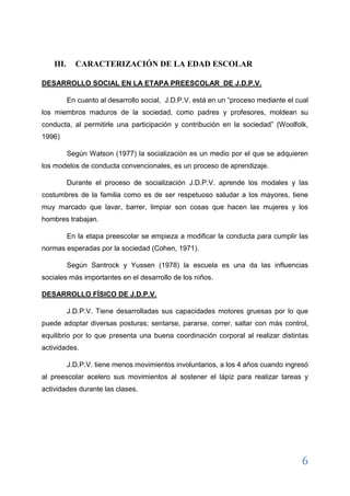6 
En cuanto al desarrollo social, J.D.P.V. está en un “proceso mediante el cual los miembros maduros de la sociedad, como padres y profesores, moldean su conducta, al permitirle una participación y contribución en la sociedad” (Woolfolk, 1996) 
Según Watson (1977) la socialización es un medio por el que se adquieren los modelos de conducta convencionales, es un proceso de aprendizaje. 
Durante el proceso de socialización J.D.P.V. aprende los modales y las costumbres de la familia como es de ser respetuoso saludar a los mayores, tiene muy marcado que lavar, barrer, limpiar son cosas que hacen las mujeres y los hombres trabajan. 
En la etapa preescolar se empieza a modificar la conducta para cumplir las normas esperadas por la sociedad (Cohen, 1971). 
Según Santrock y Yussen (1978) la escuela es una da las influencias sociales más importantes en el desarrollo de los niños. 
DESARROLLO FÍSICO DE J.D.P.V. 
J.D.P.V. Tiene desarrolladas sus capacidades motores gruesas por lo que puede adoptar diversas posturas; sentarse, pararse, correr, saltar con más control, equilibrio por lo que presenta una buena coordinación corporal al realizar distintas actividades. 
J.D.P.V. tiene menos movimientos involuntarios, a los 4 años cuando ingresó al preescolar acelero sus movimientos al sostener el lápiz para realizar tareas y actividades durante las clases. 
DESARROLLO COGNITIVO En el área de desarrollo cognitivo J.D.P.V. explora activamente con todos los sentidos; manipulando, transformando y combinando materiales continuos y  