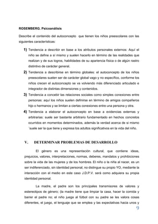 9 
ROSEMBERG. Psicoanálisis Describe el contenido del autoconcepto que tienen los niños preescolares con las siguientes características: I. Tendencia a describir en base a los atributos personales externos: Aquí el niño se define a sí mismo y suelen hacerlo en término de las realidades que realizan y de sus logros, habilidades de su apariencia física o de algún rastro distintivo de carácter general. II. Tendencia a describirse en término globales: el autoconcepto de los niños preescolares suelen ser de carácter global vago y no específico, conforme los niños crecen el autoconcepto se va volviendo más diferenciado articulado e integrador de distintas dimensiones y contenidos. III. Tendencia a concebir las relaciones sociales como simples conexiones entre personas: aquí los niños suelen definirse en término de amigos compañeros hijo o hermanos y se limitan a ciertas conexiones entre una persona y otra. IV. Tendencia a elaborar el autoconcepto en base a evidencias externas y arbitrarias: suele ser bastante arbitrario fundamentado en hechos concretos ocurridos en momentos determinados, además la verdad acerca de si mismo ´suele ser la que tiene y expresa los adultos significativos en la vida del niño. 
V. DETERMINAR PROBLEMAS DE DESARROLLO El género es una representación cultural, que contiene ideas, prejuicios, valores, interpretaciones, normas, deberes, mandatos y prohibiciones  