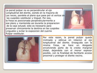 La pared pulpar no es perpendicular al eje
Longitudinal del diente, siendo en la mayoria de
Las veces, paralela al plano que pasa por el vertice de
las cuspides vestibular y lingual. Por eso,
la fresa es posicionada perpendicularmente a
ese plano y mantenida asi durante la preparacion
de la caja oclusal; esto es necesario para
preservar clinicamente la dentina en las cuspides
Linguales y evitar la exposicion del cuerno
Pulpar vestibular.
Por esta razon, la pared pulpar queda
inclinada y oblicua en relacion al eje
longitudinal del diente. Enseguida con la
misma fresa, se hace un desgaste
envolviendo parte de la cresta marginal
distal, dejandola con el menor espesor
posible, con la finalidad de facilitarle acceso
proximal y proteger el diente vecino.
 