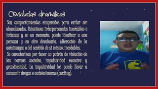Son comportamientos exagerados para evitar ser
abandonados. Relaciones interpersonales inestables e
intensas y en un momento. puede idealizar a una
persona y en otro devaluarla. Alteración de la
autoimagen o del sentido de sí mismo, inestables.
Se caracterizan por tener un patrón de violación de
las normas sociales, impulsividad excesiva y
grandiosidad. La impulsividad los puede llevar a
consumir drogas o autolesionarse (cutting).
Conductas dramáticas
 