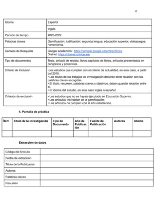 6
Idioma Español
Inglés
Período de tiempo 2020-2022
Palabras claves Gamificación; ludificación; segunda lengua; educación superior; videojuegos;
herramienta.
Canales de Búsqueda Google académico: https://scholar.google.es/schhp?hl=es
Dialnet: https://dialnet.unirioja.es/
Tipo de documentos Tesis, artículo de revista, libros,capítulos de libros, artículos presentados en
congresos y ponencias.
Criterio de Inclusión •Los estudios que cumplan con el criterio de actualidad, en este caso, a partir
del 2018.
• Los títulos de los trabajos de investigación deberán tener relación con las
palabras claves escogidas.
• El título, resumen, palabras claves y objetivos, deben guardar relación entre
sí.
• El idioma del estudio, en este caso inglés o español
Criterios de exclusión • Los estudios que no se hayan ejecutado en Educación Superior.
• Los artículos no hablan de la gamificación.
• Los artículos no cumplen con el año establecido.
4. Pantalla de práctica
Ítem Título de la investigación Tipo de
Documento
Año de
Publicac
ión
Fuente de
Publicación
Autores Idioma
Extracción de datos
Código del Artículo
Fecha de extracción
Título de la Publicación
Autores
Palabras claves
Resumen
 