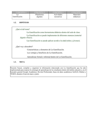 CONCEPTO 1 CONCEPTO 2 CONCEPTO 3 CONCEPTO 4
La
Gamificación
Plataformas
digitales
Actividades
recreativas
Materiales
didácticos
1.2. HIPÓTESIS
1.3. META
¿Qué sé del tema?
La Gamificación como herramienta didáctica dentro del aula de clase.
La Gamificación se puede implementar de diferentes maneras (material
digital o físico).
Las Gamificación se puede aplicar acorde a la edad (niños y jóvenes).
¿Qué voy a descubrir?
Características y elementos de La Gamificación.
Las ventajas y beneficios de La Gamificación.
Aprendizaje formal e informal dentro de La Gamificación.
Necesito buscar, compilar y organizar la información relacionada con La Gamificación que ha sido
implementada para mejorar la estrategia de aprendizaje de los estudiantes dentro del ámbito educativo, en el
buscador general Google Académico, Revista Profesorado, bases de datos académicos SciELO, Dialnet y
TESEO, durante el mes de mayo y junio.
 