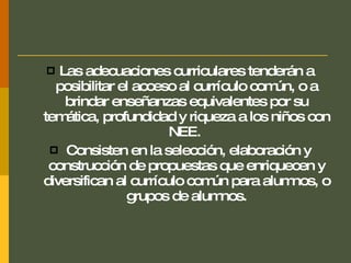 Las adecuaciones curriculares tenderán a posibilitar el acceso al currículo común, o a brindar enseñanzas equivalentes por su temática, profundidad y riqueza a los niños con NEE.  Consisten en la selección, elaboración y construcción de propuestas que enriquecen y diversifican al currículo común para alumnos, o grupos de alumnos. 