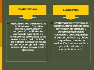 Implican una leve alteración de la planificación común y están dirigidas a la prevención y recuperación de dificultades menores del aprendizaje o a enriquecer los aprendizajes de los alumnos en los que lo planteado por el diseño curricular les resulta escaso. Abarcan, generalmente, a la metodología y  la organización de la clase . Modificaciones mayores que pueden llegar a consistir en la eliminación de objetivos y contenidos esenciales, nucleares o básicos para las áreas del currículum y de los respectivos criterios de evaluación . Son una medida que debe adoptarse excepcionalmente   Excepcionales  De alteración leve   