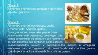 Grupo 6:
Alimentos energéticos cereales y derivados.
Aportan glúcidos.
Grupo 7:
Alimentos energéticos grasas, aceite
y mantequilla. Aportan lípidos.
Estos grupos son esenciales para el buen
funcionamientodel organismo; constituyen una
fuente concentrada de energía y son recomendados
por ser alimentos que contienen ácidos grasos
monoinsaturados (oleico) y poliinsaturados (lioleico u omega-6)
esenciales para el organismo; el consumo de estos ácidos grasos
contribuye a estabilizar el metabolismo de las grasas.
 