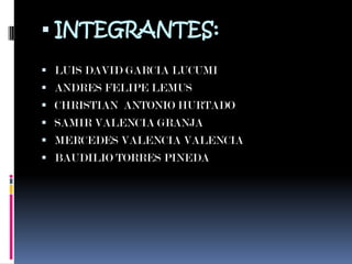 INTEGRANTES:<br />LUIS DAVID GARCIA LUCUMI<br />ANDRES FELIPE LEMUS<br />CHRISTIAN  ANTONIO HURTADO<br />SAMIR VALENCIA GR...