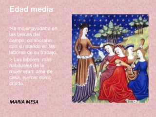 Hacian las mismas actividades que los hombre:curtían las pieles, trabajaban la cerámica, mantenían el fuego…>Había mujeres que adquirían una cultura de entretenimiento>La mayoría de ellas dejaban de ir a la escuela a los 12 años.>Las mujeres eran consideradas un utensilio al servicio del ciudadano y jefe de familia. No poseían derechos.>Divorcio no permitidoLa edad antiguaMARIA MESA