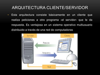 ARQUITECTURA CLIENTE/SERVIDOR
• Esta arquitectura consiste básicamente en un cliente que
  realiza peticiones a otro programa -el servidor- que le da
  respuesta. Es ventajosa en un sistema operativo multiusuario
  distribuido a través de una red de computadoras
 