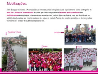 Mobilizações:
Além do apoio financeiro, a Avon coloca sua infra-estrutura a serviço da causa, especialmente com o contingente de
mais de 1 milhão de revendedores autômos que com suas poderosas redes de relacionamentos são
multiplicadoras essenciais de todas as causas apoiadas pelo Instituto Avon. Ao final de cada ano é publicado um
relatório de atividades, que inclui o resultado das ações do Instituto Avon e dos projetos apoiados, as demonstrações
financeiras e o parecer de auditores especializados.




 República Tcheca                                               Hungria




                                                  Brasil                                         China
 