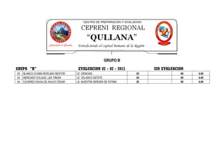 GRUPO B
GRUPO "B"                            EVALUACION 02 - 02 - 2013           SIN EVALUACION
52   BLANCO CCAMA RIVELINO NESTOR   I.E. CIENCIAS                   20               80   0.00
53   MERCADO COLQUE, LEE YINGHI     I.E. VELASCO ASTETE             20               80   0.00
54   CACERES DAVALOS JHULIO CÉSAR   I.E. NUESTRA SEÑORA DE FÁTIMA   20               80   0.00
 