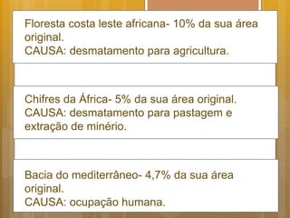 Floresta costa leste africana- 10% da sua área
original.
CAUSA: desmatamento para agricultura.
Chifres da África- 5% da sua área original.
CAUSA: desmatamento para pastagem e
extração de minério.
Bacia do mediterrâneo- 4,7% da sua área
original.
CAUSA: ocupação humana.
 