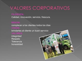 VALORES CORPORATIVOSFILOSOFÍA:Calidad, innovación, servicio, frescura. MISION: complacer a los clientes todos los díasVISIÓN:brindarles al cliente un buen servicio VALORES:integridadRespeto Toleranciahonestidad