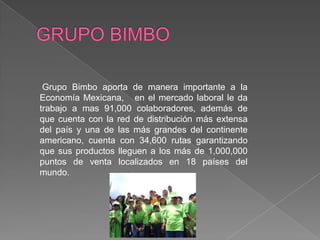 GRUPO BIMBO Grupo Bimbo aporta de manera importante a la Economía Mexicana,   en el mercado laboral le da trabajo a mas 91,000 colaboradores, además de que cuenta con la red de distribución más extensa del país y una de las más grandes del continente americano, cuenta con 34,600 rutas garantizando que sus productos lleguen a los más de 1,000,000 puntos de venta localizados en 18 países del mundo.