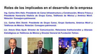 Roles de los implicados en el desarrollo de la empresa
Ing. Carlos Slim Helú: Presidente de Carso Infraestructura y Construcción, Minera Frisco y
Presidente Honorario Vitalicio de Grupo Carso, Teléfonos de México y América Móvil.
Relación: Consejero patrimonial.
Lic. Carlos Slim Domit: Presidente de Grupo Carso, Grupo Sanborns, América Móvil y
Teléfonos de México. Relación: Consejero patrimonial.
Lic. Arturo Elías Ayub: Director de Comunicación, Relaciones Institucionales y Alianzas
Estratégicas en Teléfonos de México y Director General de Fundación Telmex.
 