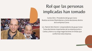 Rol que las personas
implicadas han tomado
Carlos Slim / Presidente del grupo Carso
Realiza acciones filantrópicas y toma decisiones dentro
de la empresa Carso.


Lic. Patrick Slim Domit / vicepresidente de grupo Carso
Toma decisiones importantes de la empresa junto a
Carlos y tiene a su cargo negociaciones en líneas que
conforman esta empresa.
 