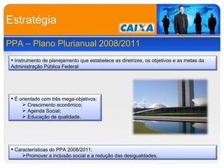 Estratégia PPA – Plano Plurianual 2008/2011 Instrumento de planejamento que estabelece as diretrizes, os objetivos e as metas da Administração Pública Federal É orientado com três mega-objetivos: Crescimento econômico; Agenda Social; Educação de qualidade. Características do PPA 2008/2011: Promover a inclusão social e a redução das desigualdades; 