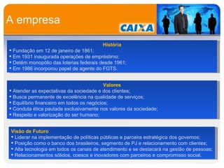 A empresa História Fundação em 12 de janeiro de 1861; Em 1931 inaugurada operações de empréstimo; Detém monopólio das loterias federais desde 1961; Em 1986 incorporou papel de agente do FGTS. Valores Atender as expectativas da sociedade e dos clientes; Busca permanente de excelência na qualidade de serviços; Equilíbrio financeiro em todos os negócios; Conduta ética pautada exclusivamente nos valores da sociedade;  Respeito e valorização do ser humano; Visão de Futuro Liderar na implementação de políticas públicas e parceira estratégica dos governos; Posição como o banco dos brasileiros, segmento de PJ e relacionamento com clientes; Alta tecnologia em todos os canais de atendimento e se destacará na gestão de pessoas; Relacionamentos sólidos, coesos e inovadores com parceiros e compromisso social.  