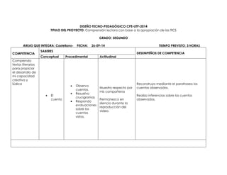 DISEÑO TECNO-PEDAGÓGICO CPE-UTP-2014 
TITULO DEL PROYECTO: Comprensión lectora con base a la apropiación de las TICS 
GRADO: SEGUNDO 
AREAS QUE INTEGRA: Castellano- FECHA: 26-09-14 TIEMPO PREVISTO: 3 HORAS 
COMPETENCIA 
SABERES 
DESEMPEÑOS DE COMPETENCIA 
Conceptual Procedimental Actitudinal 
Comprendo 
textos literarios 
para propiciar 
el desarrollo de 
mi capacidad 
creativa y 
lúdica 
 El 
cuento 
 Observo 
cuentos. 
 Resuelvo 
crucigramas 
 Respondo 
evaluaciones 
sobre los 
cuentos 
vistos. 
Muestro respecto por 
mis compañeros 
Permanezco en 
silencio durante la 
reproducción del 
video. 
Reconstruyo mediante el parafraseo los 
cuentos observados. 
Realizo inferencias sobre los cuentos 
observados. 
 