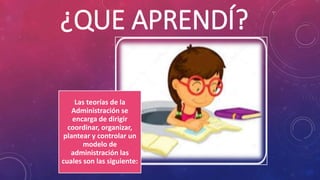 ¿QUE APRENDÍ?
Las teorías de la
Administración se
encarga de dirigir
coordinar, organizar,
plantear y controlar un
modelo de
administración las
cuales son las siguiente: