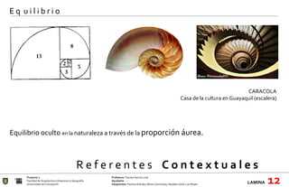 R e f e r e n t e s  C o n t e x t u a l e s Proyecto 1 Profesora:  Claudia García Lima Facultad de Arquitectura Urbanismo y Geografía Ayudante : --- Universidad de Concepción Integrantes:  Paulina Arévalo, María Carimoney, Hayleen Grell, Luis Reyes. LAMINA   12 E q  u i l i b r i o CARACOLA Casa de la cultura en Guayaquil (escalera)   Equilibrio oculto  en la  naturaleza a través de la  proporción áurea.  