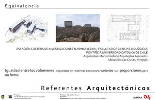 R e f e r e n t e s  A r q u i t e c t ó n i c o s  Proyecto 1 Profesora:  Claudia García Lima Facultad de Arquitectura Urbanismo y Geografía Ayudante : --- Universidad de Concepción Integrantes:  Paulina Arévalo, María Carimoney, Hayleen Grell, Luis Reyes. LAMINA   04 E q u i v a l e n c i a ESTACIÓN COSTERA DE INVESTIGACIONES MARINAS (ECIM) ;  FACULTAD DE CIENCIAS BIOLÓGICAS, PONTIFICIA UNIVERSIDAD CATÓLICA DE CHILE  Arquitectos:  Martin Hurtado Arquitectos Asociados. Ubicación: Las Cruces, V región.   Igualdad entre los volúmenes  dispuestos  en  distintas posiciones,  variando   sus  proporciones  pero  no forma . 