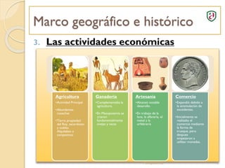Marco geográfico e histórico
3. Las actividades económicas
Mesopotamia 5
Agricultura
•Actividad Principal
•Abundantes
cosechas
•Tierra propiedad
del Rey, sacerdotes
y nobles.
Alquilaban a
campesinos.
Ganadería
•Complementaba la
agricultura.
•En Mesopotamia se
criaron
fundamentalmente
ovejas y vacas
Artesanía
•Alcanzó notable
desarollo.
•En trabajo de la
lana, la alfarería, el
metal y la
orfebrería
Comercio
•Expandió debido a
la acomulación de
excedentes.
•Inicialmente se
realizaba el
comercio mediante
la forma de
trueque, pero
despues
empezaron a
utilizar monedas.
 