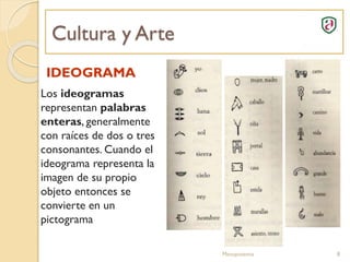 Cultura y Arte
Mesopotamia 8
Los ideogramas
representan palabras
enteras, generalmente
con raíces de dos o tres
consonantes. Cuando el
ideograma representa la
imagen de su propio
objeto entonces se
convierte en un
pictograma
IDEOGRAMA
 