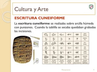 Cultura y Arte
Mesopotamia 9
ESCRITURA CUNEIFORME
La escritura cuneiforme se realizaba sobre arcilla húmeda
con punzones. Cuando la tablilla se secaba quedaban grabadas
las incisiones.
 