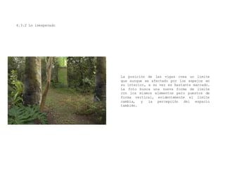 4.3.2 Lo inesperado
La posición de las vigas crea un limite
que aunque es afectado por los espejos en
su interior, a su vez es bastante marcado.
La foto busca una nueva forma de limite
con los mismos elementos pero puestos de
forma vertical, evidentemente el limite
cambia, y la percepción del espacio
también.
 