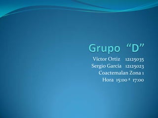 Víctor Ortiz 12125035
Sergio García 12125023
   Coactemalan Zona 1
     Hora 15:00 ª 17:00
 