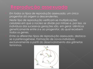  Em todos os tipos de reprodução assexuada, um único 
progenitor dá origem a descendentes. 
 Neste tipo de reprodução verificam-se multiplicações 
celulares em que o núcleo se divide por mitose e, por isso, os 
indivíduos das sucessivas gerações são, em geral, idênticos 
geneticamente entre si e ao progenitor, do qual recebem 
todos os genes. 
 Entre os diferentes tipos de reprodução assexuada, destaca-se 
a partenogénese. Formação de novos indivíduos 
exclusivamente a partir do desenvolvimento dos gâmetas 
femininos. 
 