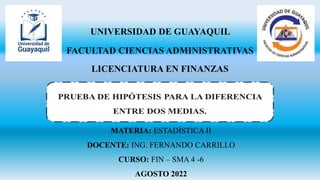 UNIVERSIDAD DE GUAYAQUIL
FACULTAD CIENCIAS ADMINISTRATIVAS
LICENCIATURA EN FINANZAS
MATERIA: ESTADÍSTICA II
DOCENTE: ING. FERNANDO CARRILLO
CURSO: FIN – SMA 4 -6
AGOSTO 2022
 