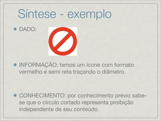 Síntese - exemplo
DADO:




INFORMAÇÃO: temos um ícone com formato
vermelho e semi reta traçando o diâmetro.



CONHECIMENTO: por conhecimento prévio sabe-
se que o círculo cortado representa proibição
independente de seu conteúdo.
 