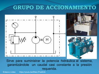 Sirve para suministrar la potencia hidráulica al sistema,
garantizándole un caudal casi constante a la presión
requerida.
Enlace a video https://youtu.be/E8eL3Txe6nQ
 